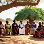 **Image Prompt:** A diverse group of Angolan people, young and old, participating in a community dialogue under a large tree. The scene is bathed in warm sunlight, with traditional Angolan fabrics and artwork visible in the background. Focus on capturing the expressions of hope and reconciliation.