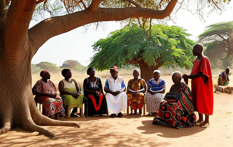 **Image Prompt:** A diverse group of Angolan people, young and old, participating in a community dialogue under a large tree. The scene is bathed in warm sunlight, with traditional Angolan fabrics and artwork visible in the background. Focus on capturing the expressions of hope and reconciliation.