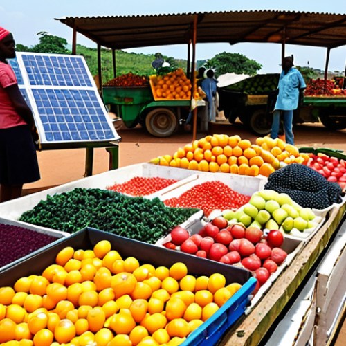 Home 14 **Image Prompt:** A vibrant marketplace scene in Angola. Farmers are displaying a variety of colorful fruits and vegetables, showcasing the diversification of agriculture. In the background, modern farming equipment and a solar panel can be seen, representing the integration of technology and sustainable practices. The overall tone is optimistic and reflects the growth of the agricultural sector.