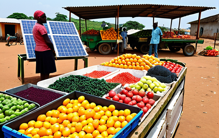 **Image Prompt:** A vibrant marketplace scene in Angola. Farmers are displaying a variety of colorful fruits and vegetables, showcasing the diversification of agriculture. In the background, modern farming equipment and a solar panel can be seen, representing the integration of technology and sustainable practices. The overall tone is optimistic and reflects the growth of the agricultural sector.