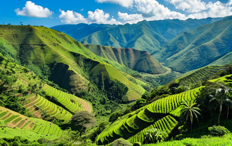 **
"Lush Angolan highlands landscape with rolling green hills, coffee plantations, a waterfall in the distance, and diverse wildlife. The sky is clear blue with scattered clouds. Capture the temperate climate and natural beauty."
**
