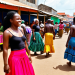 **Image Prompt:** A vibrant and bustling Angolan marketplace. Focus on the colorful textiles, the aromas of street food, and the rhythmic movement of Kizomba dancers in the background. The image should convey a sensory explosion of Angolan culture, hinting at both Portuguese colonial influences and indigenous traditions. People should appear joyful and welcoming.