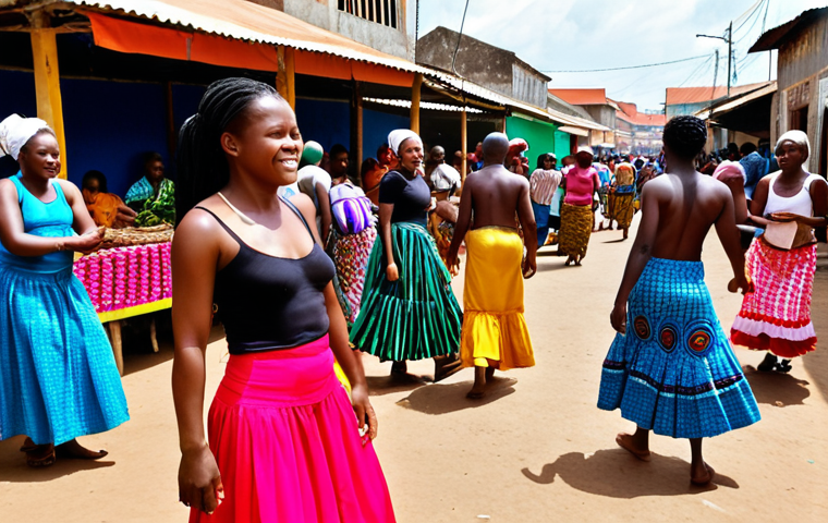 **Image Prompt:** A vibrant and bustling Angolan marketplace. Focus on the colorful textiles, the aromas of street food, and the rhythmic movement of Kizomba dancers in the background. The image should convey a sensory explosion of Angolan culture, hinting at both Portuguese colonial influences and indigenous traditions. People should appear joyful and welcoming.