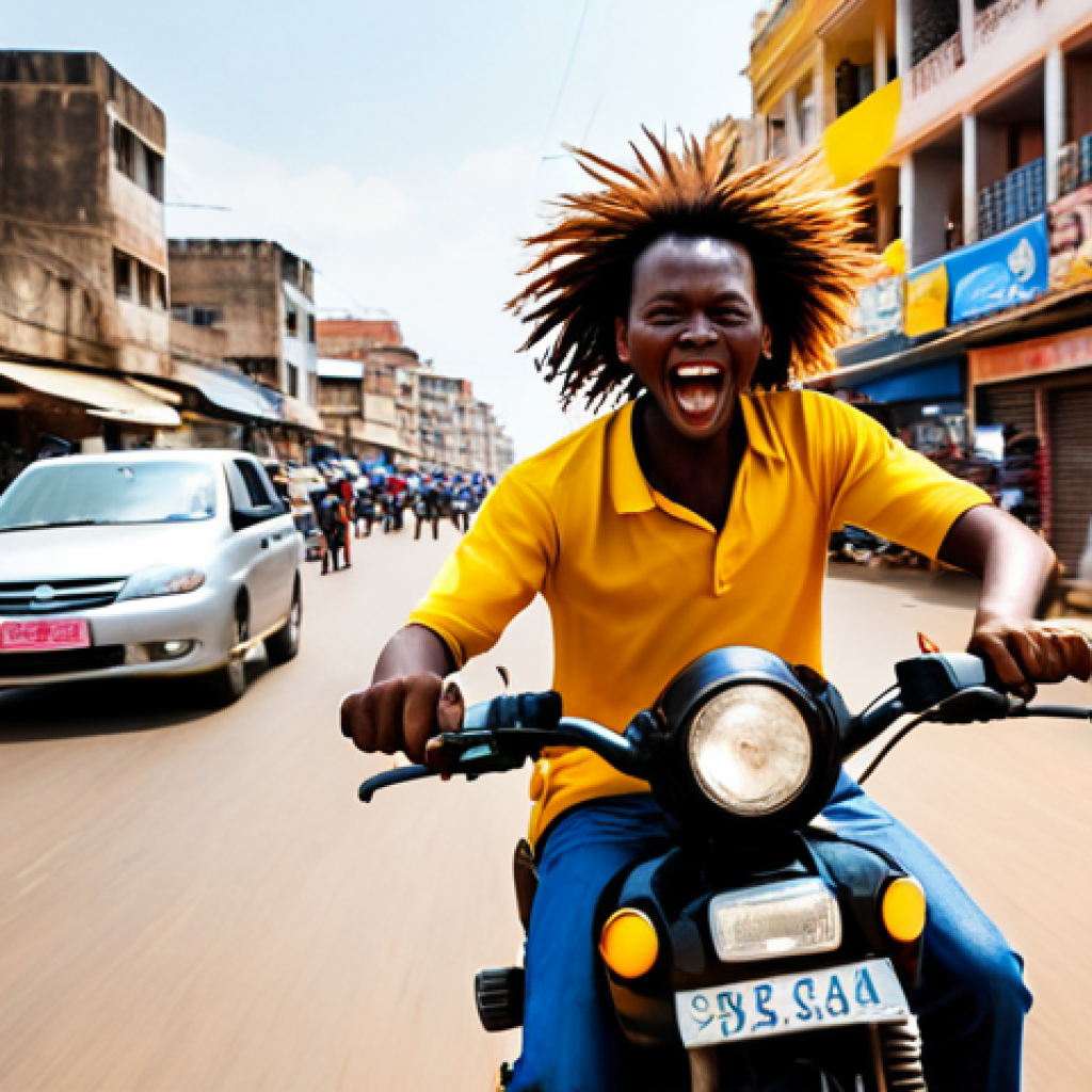 A dynamic, action-packed photo-realistic image of a foreign traveler on the back of a "kupas" (motorcycle taxi) speeding through the vibrant, chaotic streets of Luanda, Angola. The passenger's hair is whipping in the wind, with an expression blending exhilaration and a hint of awe. The skilled Angolan driver expertly navigates through bustling traffic, past colorful market stalls and colonial-era buildings. Motion blur subtly conveys speed and the energetic pulse of the city. The scene is bathed in warm, golden hour light, highlighting the lively atmosphere and the rich textures of urban Angolan life.