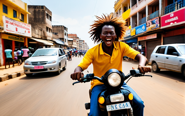 A dynamic, action-packed photo-realistic image of a foreign traveler on the back of a "kupas" (motorcycle taxi) speeding through the vibrant, chaotic streets of Luanda, Angola. The passenger's hair is whipping in the wind, with an expression blending exhilaration and a hint of awe. The skilled Angolan driver expertly navigates through bustling traffic, past colorful market stalls and colonial-era buildings. Motion blur subtly conveys speed and the energetic pulse of the city. The scene is bathed in warm, golden hour light, highlighting the lively atmosphere and the rich textures of urban Angolan life.