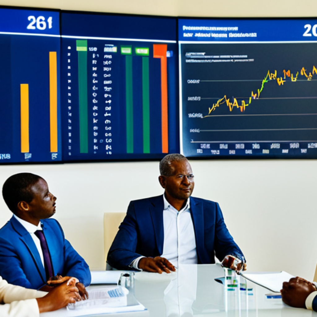 A diverse group of professional Angolan economists and business leaders in a modern, sunlit conference room in Luanda. They are fully clothed in modest, professional business attire, engaged in a focused discussion about economic growth and diversification. A subtle digital display in the background shows abstract financial data charts, and neatly stacked Angolan Kwanza banknotes are visible on a polished table. The scene conveys a sense of collaboration and forward-thinking. perfect anatomy, correct proportions, natural pose, well-formed hands, proper finger count, natural body proportions, professional photography, high quality, safe for work, appropriate content, fully clothed, professional dress.