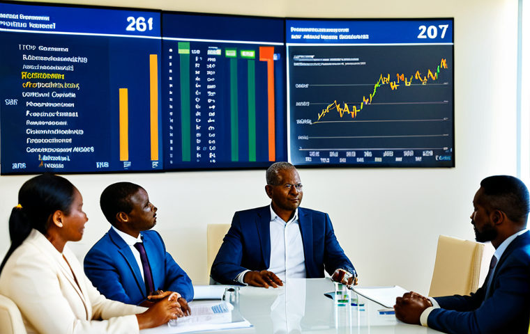 A diverse group of professional Angolan economists and business leaders in a modern, sunlit conference room in Luanda. They are fully clothed in modest, professional business attire, engaged in a focused discussion about economic growth and diversification. A subtle digital display in the background shows abstract financial data charts, and neatly stacked Angolan Kwanza banknotes are visible on a polished table. The scene conveys a sense of collaboration and forward-thinking. perfect anatomy, correct proportions, natural pose, well-formed hands, proper finger count, natural body proportions, professional photography, high quality, safe for work, appropriate content, fully clothed, professional dress.