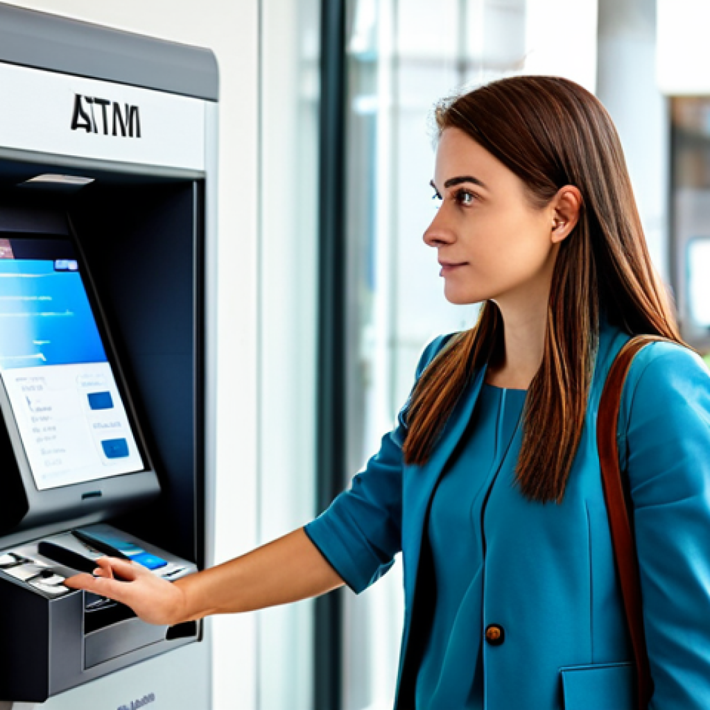 A professional female traveler in a modest, smart casual outfit, wearing a cross-body bag securely, discreetly using an ATM inside a modern, well-lit bank branch in Luanda. Her posture is attentive and focused. The background shows a clean, contemporary bank interior with a blurred suggestion of urban activity outside. fully clothed, appropriate attire, professional dress, safe for work, appropriate content, perfect anatomy, correct proportions, natural pose, well-formed hands, proper finger count, natural body proportions, professional photography, high quality.