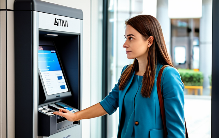 A professional female traveler in a modest, smart casual outfit, wearing a cross-body bag securely, discreetly using an ATM inside a modern, well-lit bank branch in Luanda. Her posture is attentive and focused. The background shows a clean, contemporary bank interior with a blurred suggestion of urban activity outside. fully clothed, appropriate attire, professional dress, safe for work, appropriate content, perfect anatomy, correct proportions, natural pose, well-formed hands, proper finger count, natural body proportions, professional photography, high quality.
