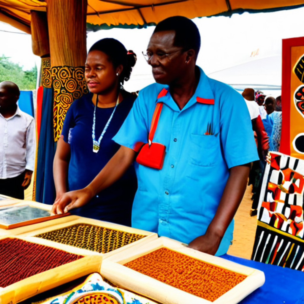 Visual Arts & Crafts**

"A vibrant display of Angolan visual art and crafts at a cultural festival. Fully clothed attendees admire colorful paintings, intricate wood carvings, and handcrafted baskets. Background: A bustling festival atmosphere with food stalls and performers. Safe for work, appropriate content, professional photography, perfect anatomy, natural proportions, modest clothing, family-friendly."

**