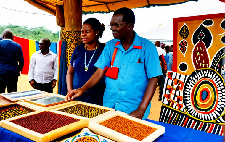Visual Arts & Crafts**
"A vibrant display of Angolan visual art and crafts at a cultural festival. Fully clothed attendees admire colorful paintings, intricate wood carvings, and handcrafted baskets. Background: A bustling festival atmosphere with food stalls and performers. Safe for work, appropriate content, professional photography, perfect anatomy, natural proportions, modest clothing, family-friendly."
**