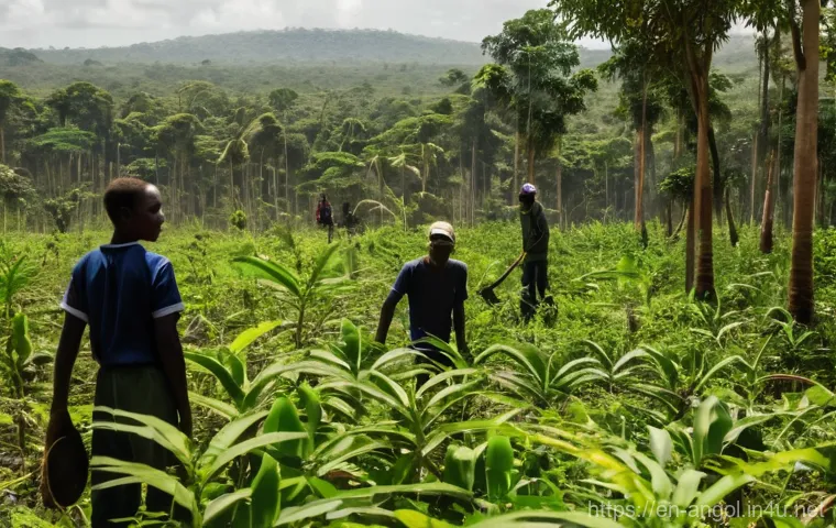 앙골라의 환경 문제와 대책 - **Prompt:** A dynamic scene in a vibrant Angolan forest, showcasing both the impact of past deforest...