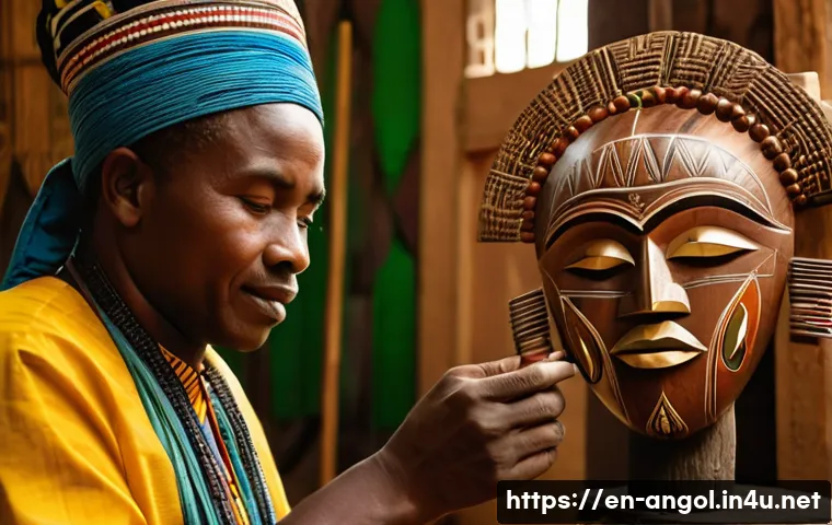 앙골라에서 구매할 수 있는 독특한 아이템 - A close-up, highly detailed shot of an Angolan artisan, fully clothed, meticulously hand-carving an ...