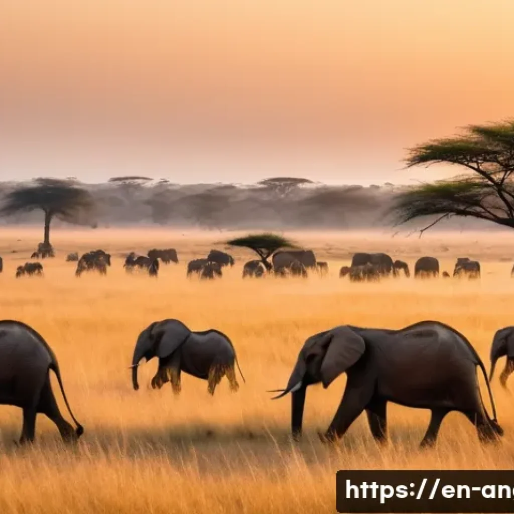 앙골라에서 볼 수 있는 야생 동물 - A breathtaking early morning savanna landscape in Angola with golden sunlight illuminating vast gras...
