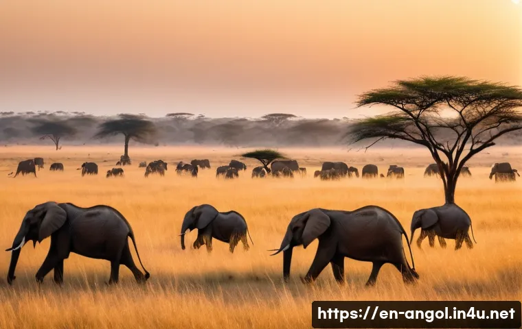 앙골라에서 볼 수 있는 야생 동물 - A breathtaking early morning savanna landscape in Angola with golden sunlight illuminating vast gras...