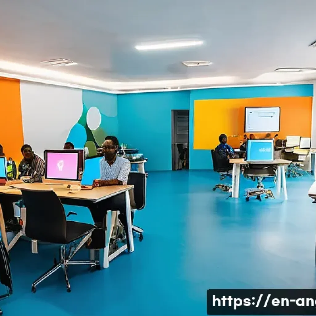 앙골라 IT 산업 현황 - A vibrant innovation hub in Luanda, Angola, featuring a modern co-working space with young African e...