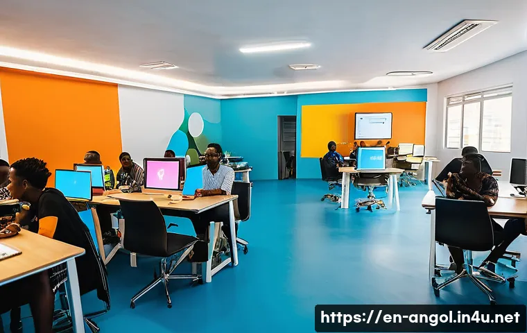 앙골라 IT 산업 현황 - A vibrant innovation hub in Luanda, Angola, featuring a modern co-working space with young African e...