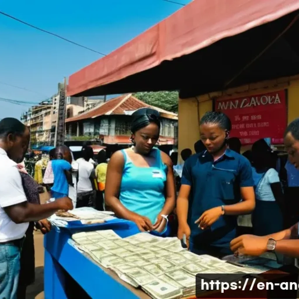 앙골라에서 흔한 사기 유형 - A bustling Angolan street scene in Luanda showing a realistic currency exchange booth with official-...