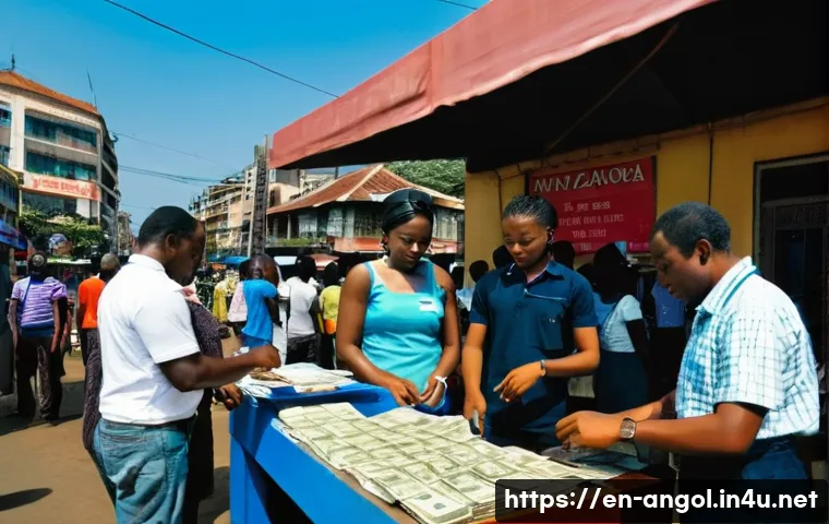 앙골라에서 흔한 사기 유형 - A bustling Angolan street scene in Luanda showing a realistic currency exchange booth with official-...