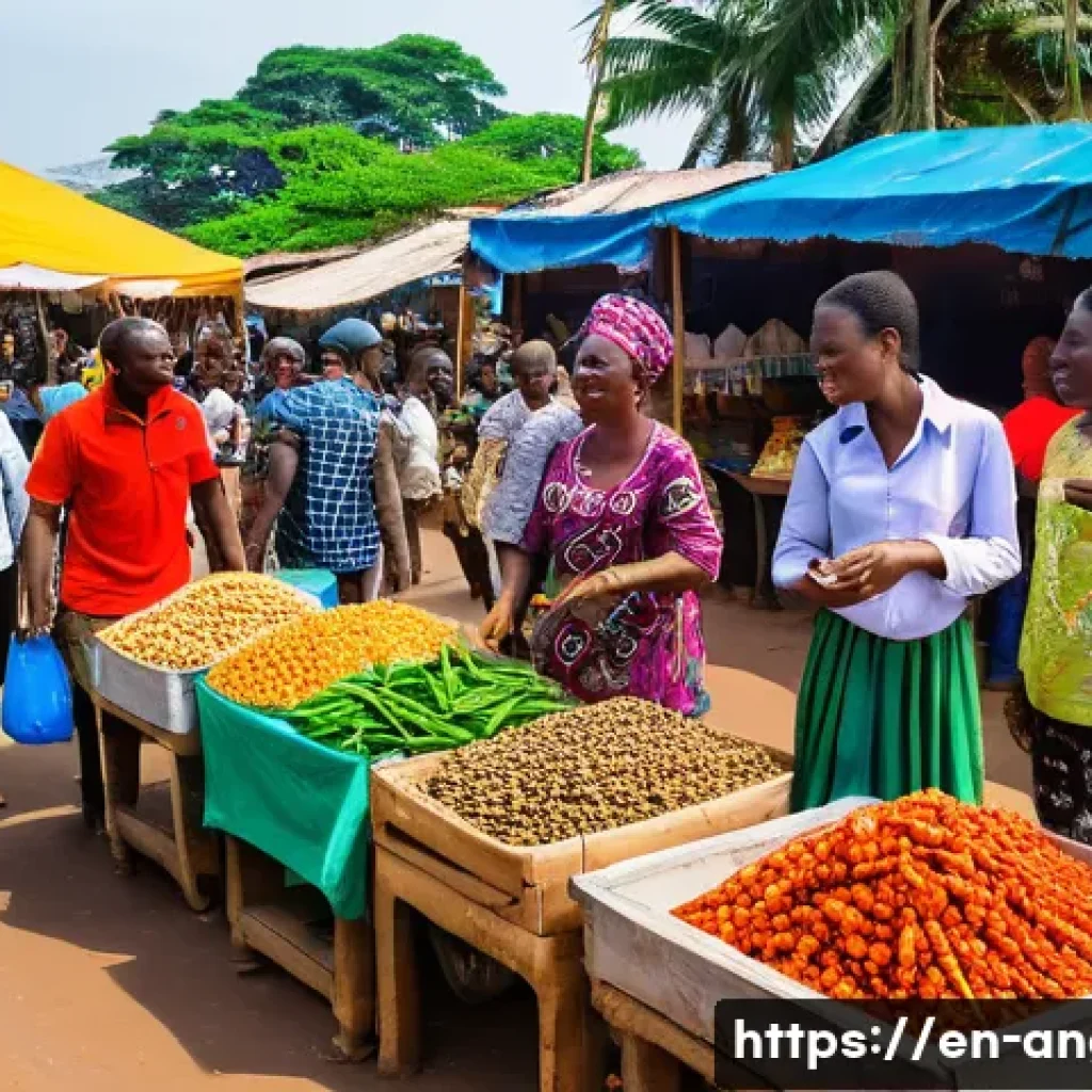 앙골라와 포르투갈 문화 차이 - A lively Angolan street market scene during the day, featuring vibrant stalls selling tropical foods...