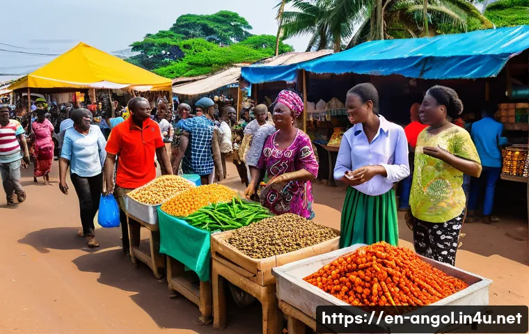 앙골라와 포르투갈 문화 차이 - A lively Angolan street market scene during the day, featuring vibrant stalls selling tropical foods...
