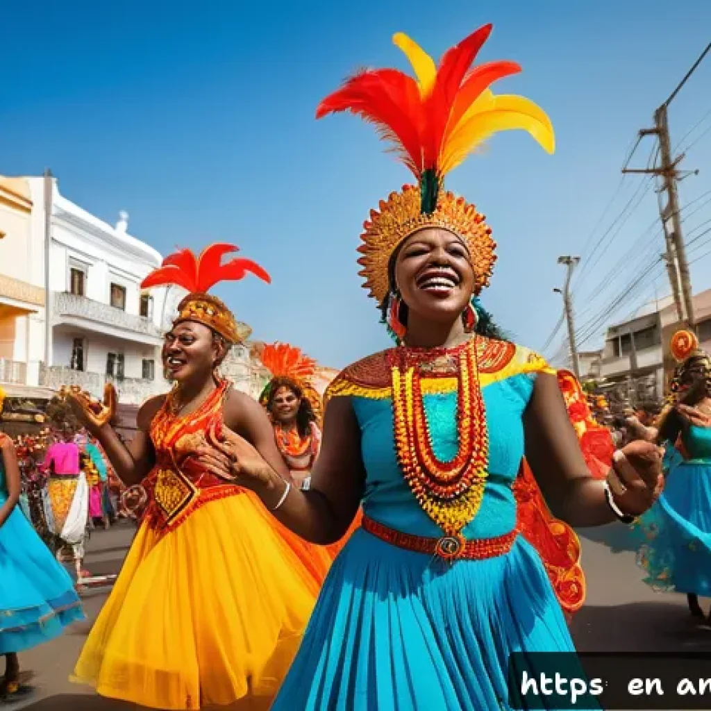 앙골라의 공휴일과 축제일 - A vibrant Angolan street parade scene during the Luanda Carnival, featuring a diverse crowd of peopl...