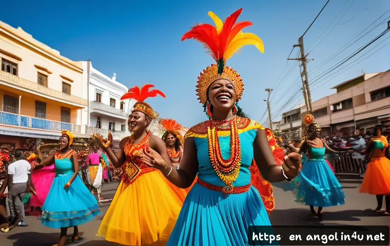 앙골라의 공휴일과 축제일 - A vibrant Angolan street parade scene during the Luanda Carnival, featuring a diverse crowd of peopl...