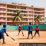 앙골라에서 유명한 야구 선수 - A vibrant urban baseball scene in Luanda, Angola featuring a diverse group of enthusiastic youth pla...