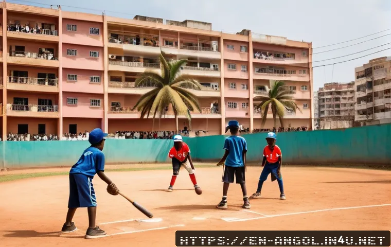 앙골라에서 유명한 야구 선수 - A vibrant urban baseball scene in Luanda, Angola featuring a diverse group of enthusiastic youth pla...