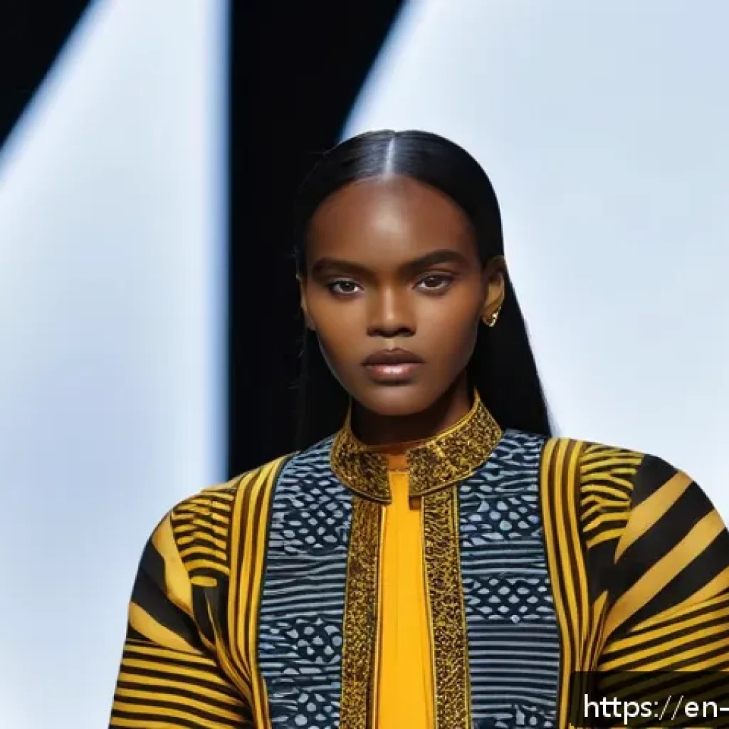 앙골라에서의 패션 브랜드 트렌드 - A striking fashion runway scene showcasing a diverse group of models wearing contemporary Angolan de...