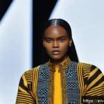 앙골라에서의 패션 브랜드 트렌드 - A striking fashion runway scene showcasing a diverse group of models wearing contemporary Angolan de...