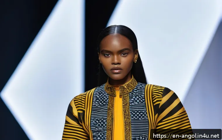 앙골라에서의 패션 브랜드 트렌드 - A striking fashion runway scene showcasing a diverse group of models wearing contemporary Angolan de...