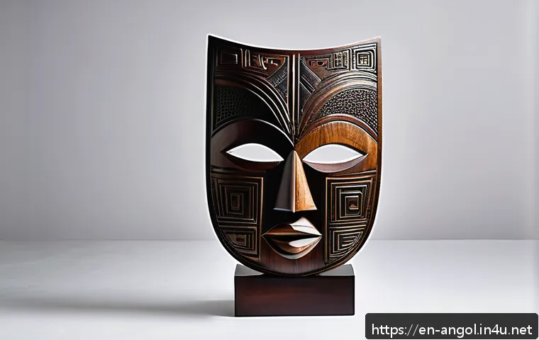 앙골라에서 유명한 조각가 - A contemporary Angolan sculpture inspired by traditional Mbundu masks, featuring intricate geometric...