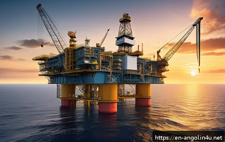 앙골라 석유 산업 - A highly detailed digital illustration of an offshore deepwater oil platform in Angola, showcasing a...