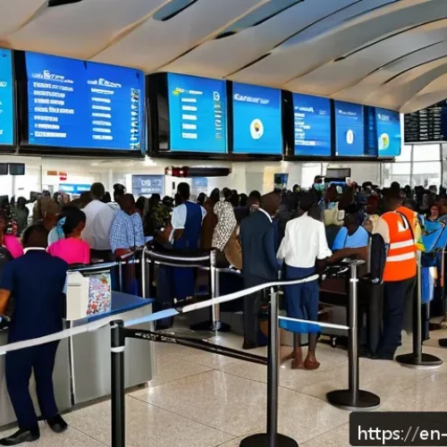 앙골라 공항 이용 가이드 - A bustling scene inside Quatro de Fevereiro International Airport in Luanda, showing diverse interna...