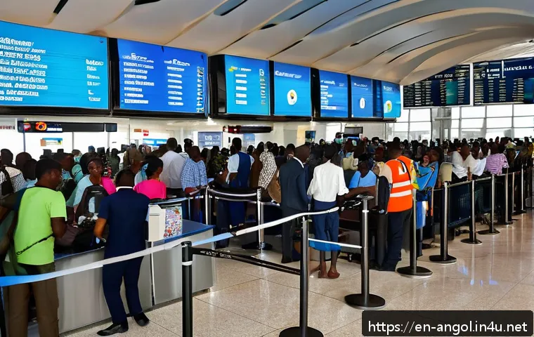 앙골라 공항 이용 가이드 - A bustling scene inside Quatro de Fevereiro International Airport in Luanda, showing diverse interna...