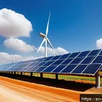 앙골라에서 기업 투자 기회 - A vibrant, futuristic solar and wind energy farm in Angola&rsquo;s rural landscape, featuring rows of slee...