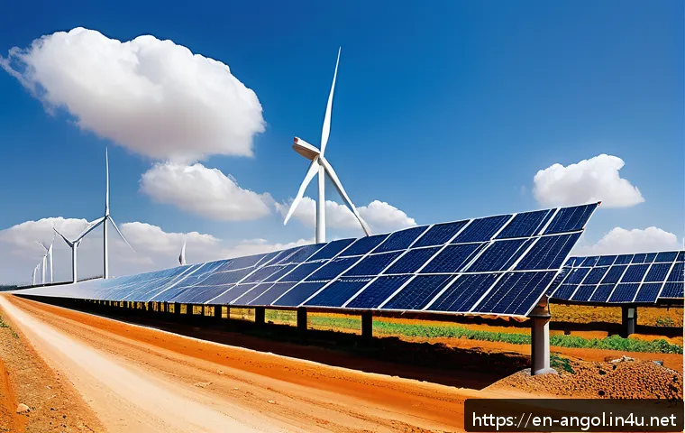 앙골라에서 기업 투자 기회 - A vibrant, futuristic solar and wind energy farm in Angola&rsquo;s rural landscape, featuring rows of slee...