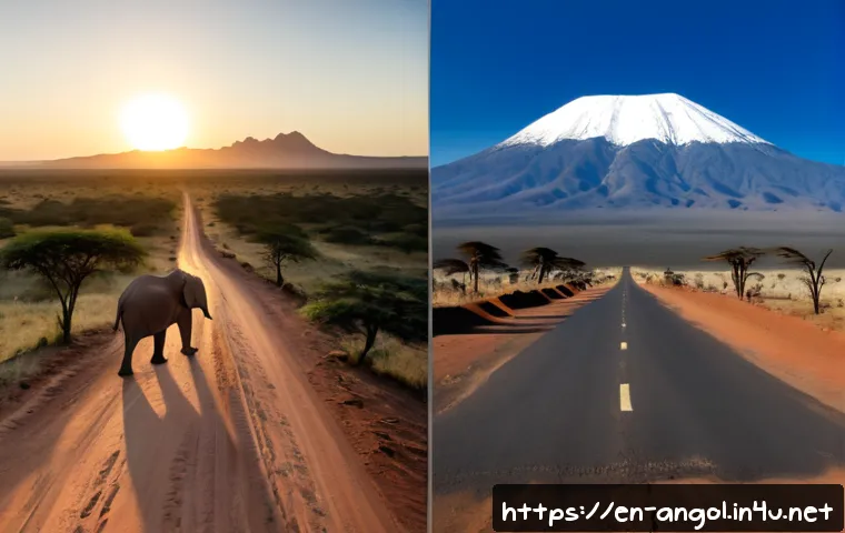 앙골라와 케냐 관광 비교 - Photorealistic split-scene travel comparison, Angola on the left with dramatic red desert dunes, a q...