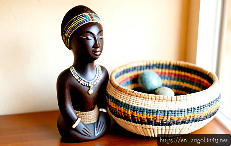 앙골라 기념품 추천 - Photorealistic travel souvenir flat lay featuring an elegant Angolan carved wooden figurine, colorfu...